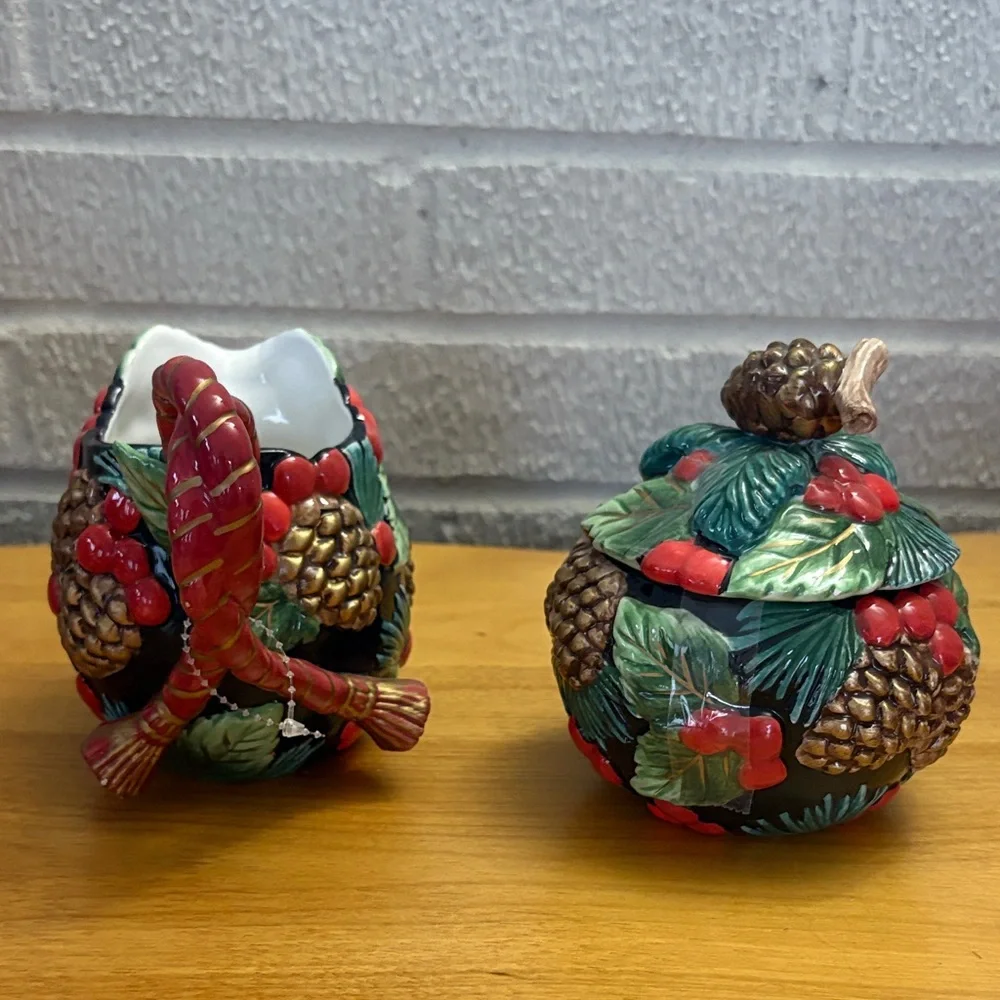 Fitz and Floyd Holiday Pine Sculpted Creamer and Sugar bowl SET with lid EUC - Picture 2 of 9